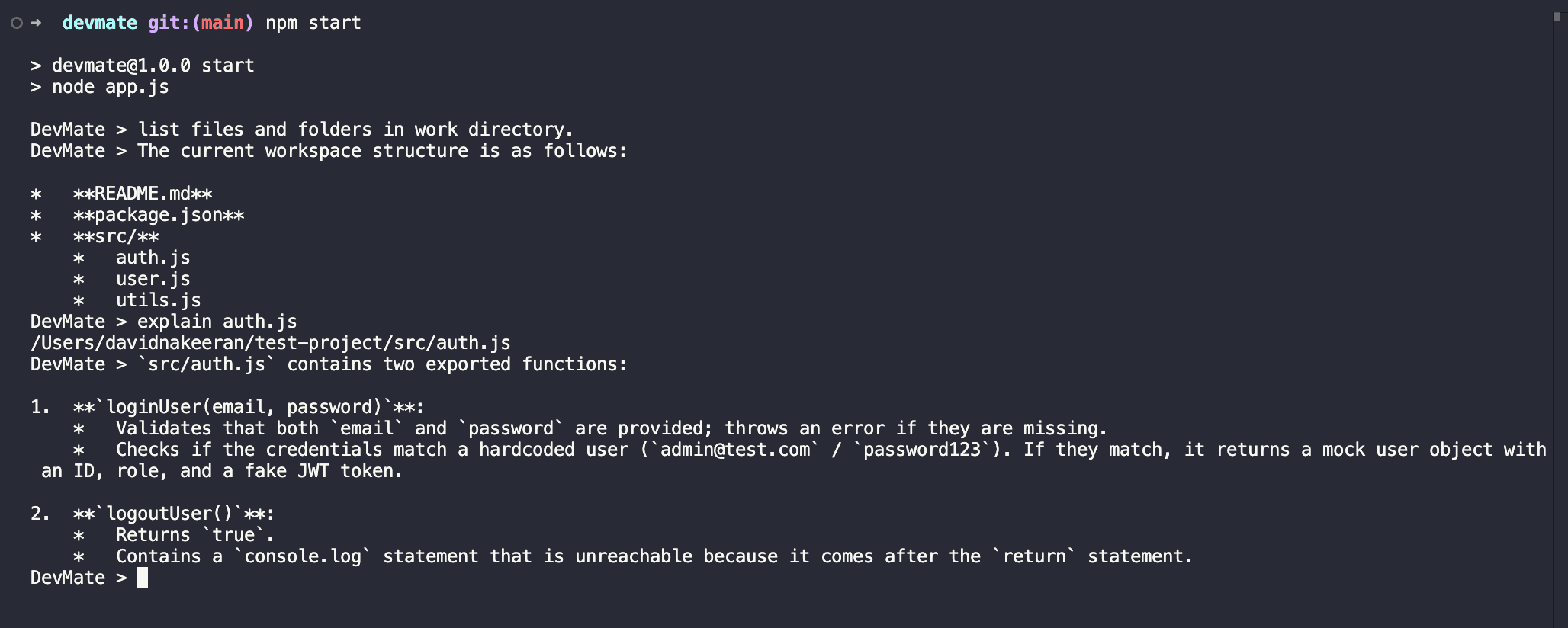 DevMate CLI screenshot